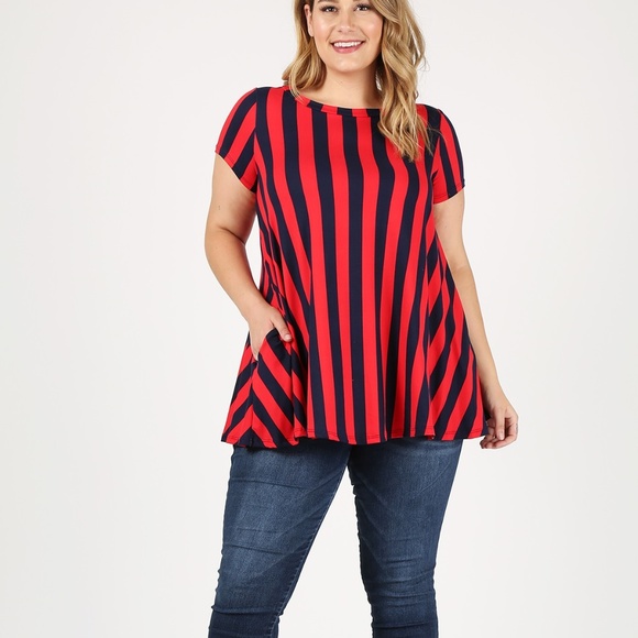 Plus Size Red Striped Tunic Top with Pockets - Picture 1 of 6